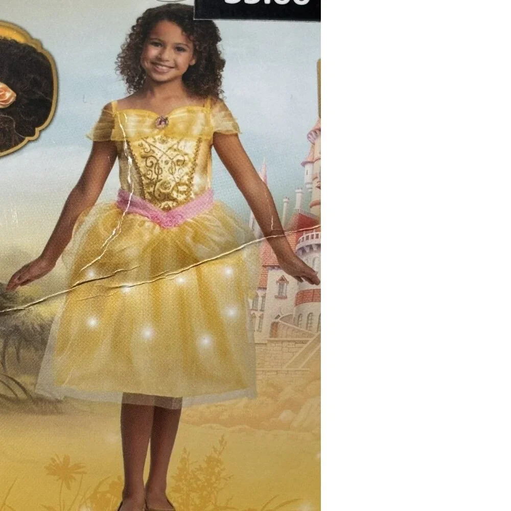 Princess Belle Light Up Halloween Costume 7/8 Yellow Dress Wand Girls Disney